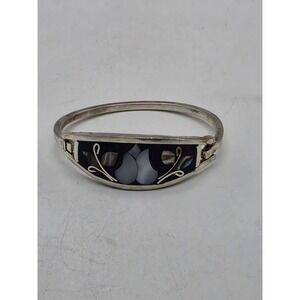 Vintage Alpaca Mexico Mother of Pearl Abalone Inlay Hinged Bangle Bracelet‎